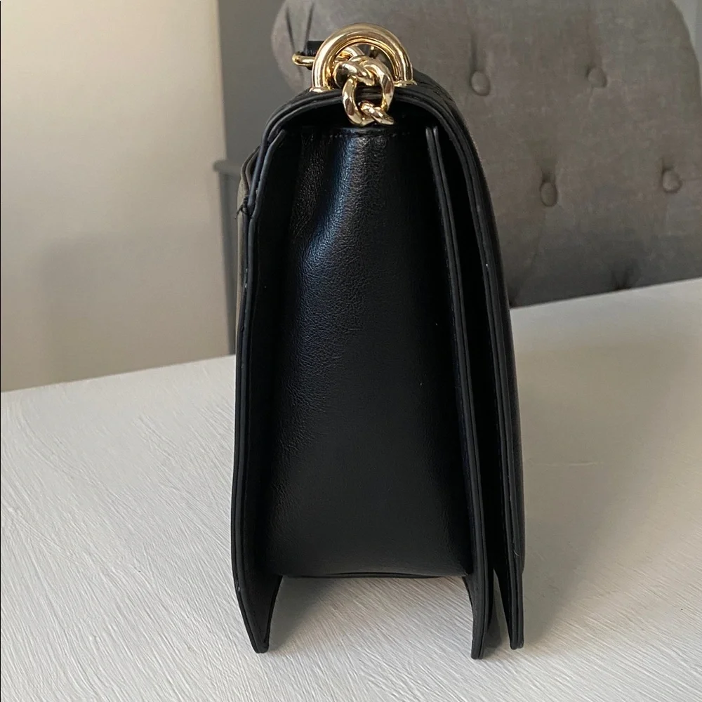INC Black Leather Quilted Flap Crossbody Shoulder Bag Gold Turn-Lock Chain